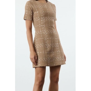 Moda Stil Regular Bisiklet Yaka Mini Boy Ekose Kareli Düz Kesim Tüvit Dokuma Elbise