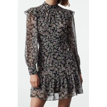 Moda Stil Regular Dik Yaka Mini Boy Geometrik Dokuma Kışlık Elbise