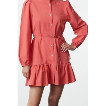 Moda Stil Regular Hakim Yaka Mini Boy Gül Kurusu Kuşaklı Düz Kuşaklı Uzun Kollu Dokuma Elbise