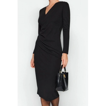 Moda Stil Slim Kruvaze Midi Boy Yaka Uzun Kollu Büzgü Detaylı Vücuda Oturan Örme Elbise