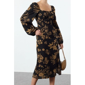 Moda Stil Regular Kalp Yaka Midi Boy Çiçek Desenli Dokuma Elbise