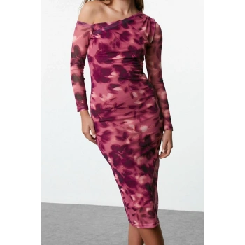 Moda Stil Slim Asimetrik Yaka Midi Boy Soyut Astarlı Örme Elbise