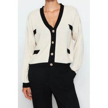 Stil Modern Kadın Regular Standart Kol V Yaka Renk Bloklu Triko Hırka