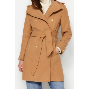 Tasarım Düz Astarlı Yaka Midi Regular Dik Kadın Kuşaklı Düğmeli Yumuşak Dokulu Kaşe Kaban