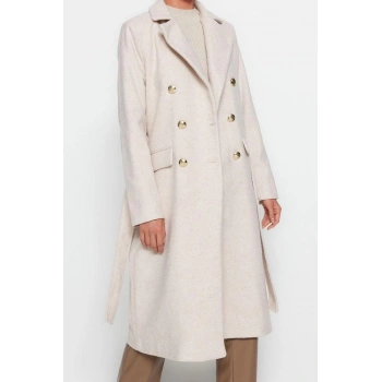 Tasarım Düz Astarlı Yaka Uzun Fitted Ceket Kadın Fitted Kuşaklı Gold Düğmeli Uzun Yünlü Kaşe Kaban