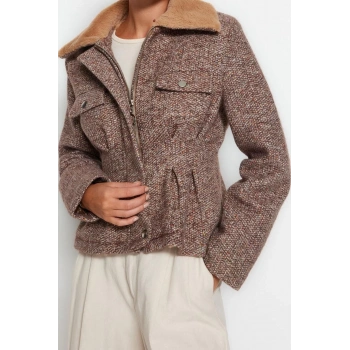 Tasarım Kırçıllı Astarlı Yaka Standart Regular Gömlek Kadın Peluş Yakalı Tüvit Kaşe Kaban