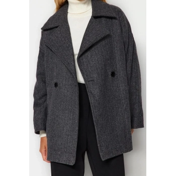 Tasarım Balık sırtı Astarlı Yaka Midi Bol Ceket Kadın Oversize Geniş Kesim Kaşe Kaban