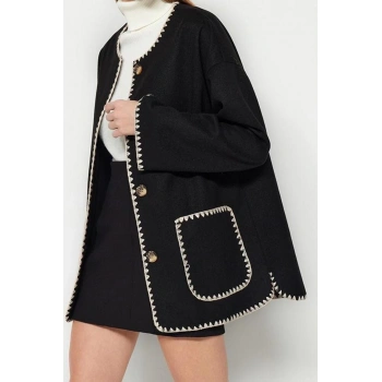 Tasarım Nakışlı Astarsız Yaka Standart Regular Bisiklet Kadın Nakış Detaylı Kaban