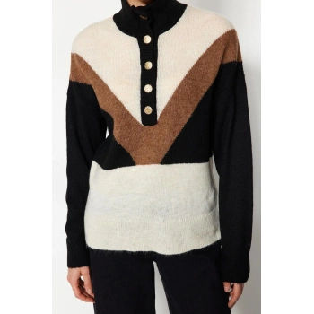 Stil Modern Kadın Regular Düşük Kol Dik Yaka Geniş Kalıp Renk Bloklu Triko Kazak