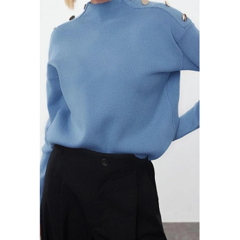 Stil Modern Kadın Regular Standart Kol Bisiklet Yaka Düğme Detaylı Triko Kazak