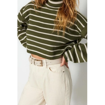 Stil Modern Kadın Crop Düşük Kol Balıkçı Yaka Çizgili Triko Kazak