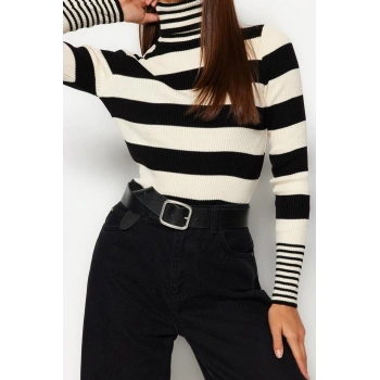Stil Modern Kadın Regular Standart Kol Balıkçı Yaka Çizgili Triko Kazak