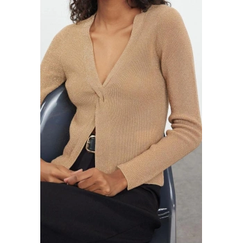 Stil Modern Kadın Regular Standart Kol V Yaka Simli Yırtmaç Detaylı Triko Kazak