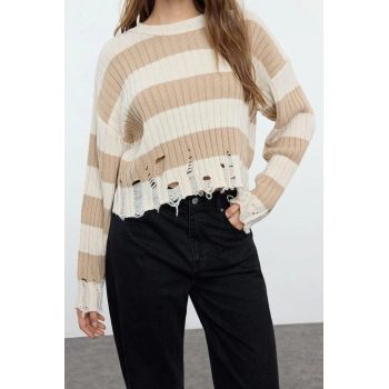 Stil Modern Kadın Crop Düşük Kol Bisiklet Yaka Geniş Kalıp Çizgili Triko Kazak