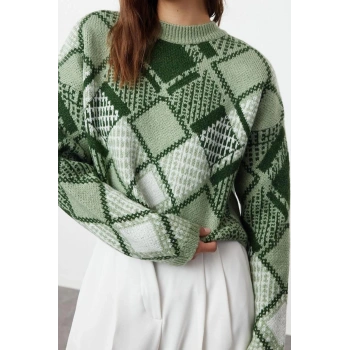 Stil Modern Kadın Crop Düşük Kol Bisiklet Yaka Geniş Kalıp Yumuşak Dokulu Desenli Triko Kazak