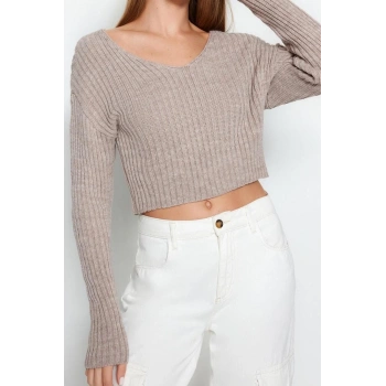 Stil Modern Kadın Crop Standart Kol V Yaka Basic Triko Kazak