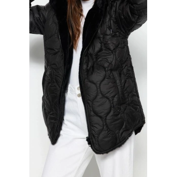 Tasarım Düz Çift Taraflı Yaka Midi Regular Kapüşonlu Kadın Kapüşonlu Peluş Kapitone Şişme Mont