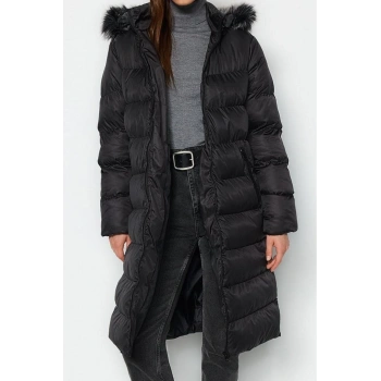 Tasarım Düz Astarlı Yaka Uzun Regular Kapüşonlu Kadın Kürk Kapüşonlu Su İtici Kışlık Şişme Mont