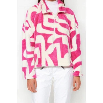 Fermuarlı Yaka Standart Kol Kalın Polar Desenli Fermuarlı Uzun Kol Örme Sweatshirt