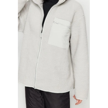 Tarz Oversize Dik Yaka Standart Kol Uzun Polar Fermuarlı Uzun Kol Cep Detaylı Örme Sweatshirt