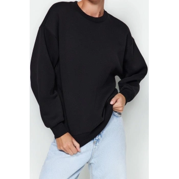 Regular Bisiklet Yaka Düşük Kol Regular Kalın İçi Polarlı Normal Kalıp Basic Örme Sweatshirt