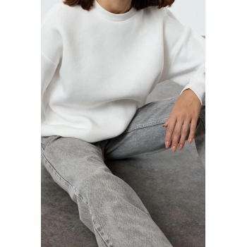 Tarz Oversize Bisiklet Yaka Düşük Kol Uzun Rahat Kesim Basic Kalın İçi polarlı Örme Sweatshirt