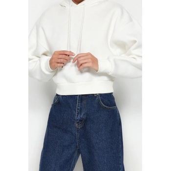 Tarz Relaxed Kapüşonlu Düşük Kol Crop Kalın İçi Polarlı Rahat Kesim Crop Basic Örme Sweatshirt