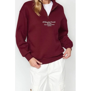 Tarz Bol Fermuarlı Yaka Düşük Kol Uzun Kalın İçi Polarlı Fermuarlı Geniş Kalıp Örme Sweatshirt