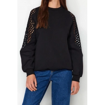 Bisiklet Yaka Düşük Kol File Detaylı Kalın İçi Polarlı Normal Kalıp Örme Sweatshirt