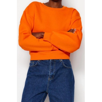 Tarz Crop Dik Yaka Düşük Kol Crop Rahat Kesim Crop Basic Kalın İçi polarlı Örme Sweatshirt