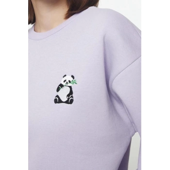 Bisiklet Yaka Standart Kol Animal Nakışlı Normal Kalıp Kalın İçi Polarlı Örme Sweatshirt