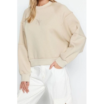 Tarz Regular Bisiklet Yaka Düşük Kol Crop Fit Nakışlı Kalın İçi Polarlı Örme Sweatshirt