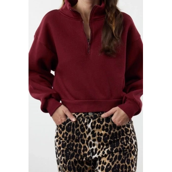 Fitted Fermuarlı Yaka Düşük Kol Crop Rahat Kesim Crop Fermuarlı Kalın Polarlı Örme Sweatshirt