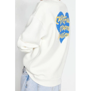 Oversize Bisiklet Yaka Düşük Kol Uzun Kalın Polarlı  Sırt Kabartma Baskılı Örme Sweatshirt