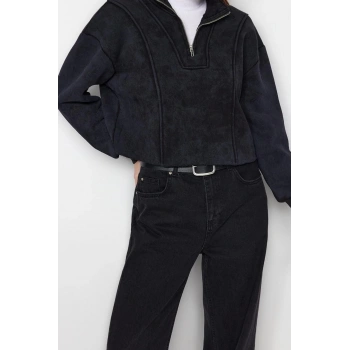 Crop Fermuarlı Yaka Düşük Kol Crop Eskitme Kalın İçi Polarlı Rahat Kesim Crop Örme Sweatshirt