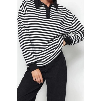 Tarz Oversize Polo Yaka Düşük Kol Regular Çizgili Polo Yaka Kalın İçi Polarlı Örme Sweatshirt