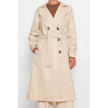 Tasarım Düz Astarsız Yaka Uzun Oversize Ceket Kadın Kuşaklı Su İtici Uzun Trençkot