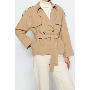 Tasarım Düz Astarlı Yaka Standart Oversize Ceket Kadın Oversize Geniş Kesim Kemerli Trençkot