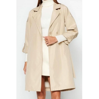 Tasarım Düz Astarlı Yaka Midi Oversize Ceket Kadın Oversize Kuşaklı Su İtici Uzun Trençkot