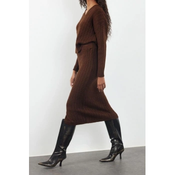 Tarz Kadın Modern Moda Normal Bel Boru Paça V Yaka Yünlü Saç Örgü Triko Alt-Üst Takım