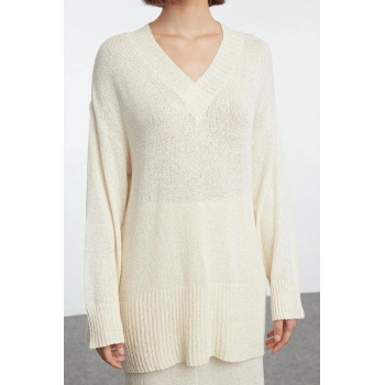 Tarz Kadın Modern Moda Normal Bel Boru Paça V Yaka Premium Kalite Triko Alt-Üst Takım