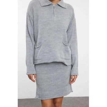 Tarz Kadın Modern Moda Normal Bel Boru Paça Polo Yaka Fermuarlı Triko Alt-Üst Takım