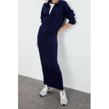 Tarz Kadın Modern Moda Normal Bel Boru Paça Polo Yaka Fermuarlı Yumuşak Dokulu Triko Alt-Üst Takım