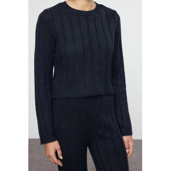 Tarz Kadın Modern Moda Normal Bel Boru Paça Bisiklet Yaka Crop Kazak-Pantolon Triko Alt-Üst Takım