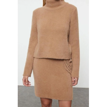 Tarz Kadın Modern Moda Normal Bel Boru Paça Dik Yaka Tüylü Yumuşak Dokulu Triko Alt-Üst Takım