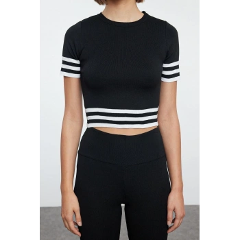 Tarz Kadın Modern Moda Normal Bel Boru Paça Bisiklet Yaka Çizgili Triko Alt-Üst Takım