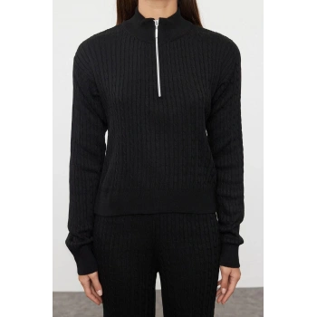 Tarz Kadın Modern Moda Normal Bel Boru Paça Dik Yaka Fermuarlı Triko Alt-Üst Takım