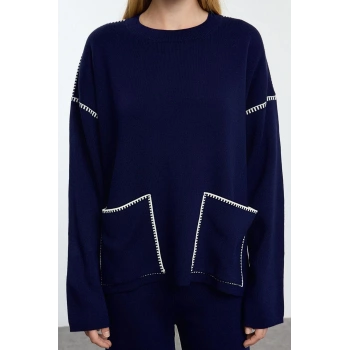 Tarz Kadın Modern Moda Normal Bel Boru Paça Bisiklet Yaka Biye Detaylı Triko Alt-Üst Takım