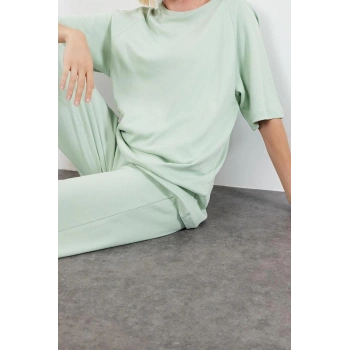 Tarz Kadın Normal Bel Geniş Paça Rahat Kalıp Wide Leg Geniş Paça Örme Bluz Pantolon Alt-Üst Takım