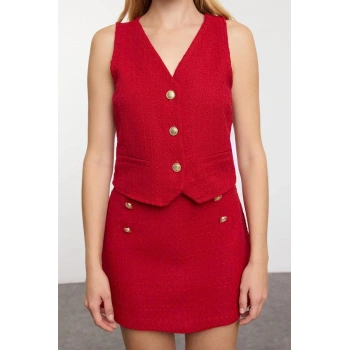 Tarz Kadın Modern Moda Normal Bel Boru Paça V Yaka Düğme Detaylı Tüvit Kumaş Dokuma Yelek-Etek Takım
